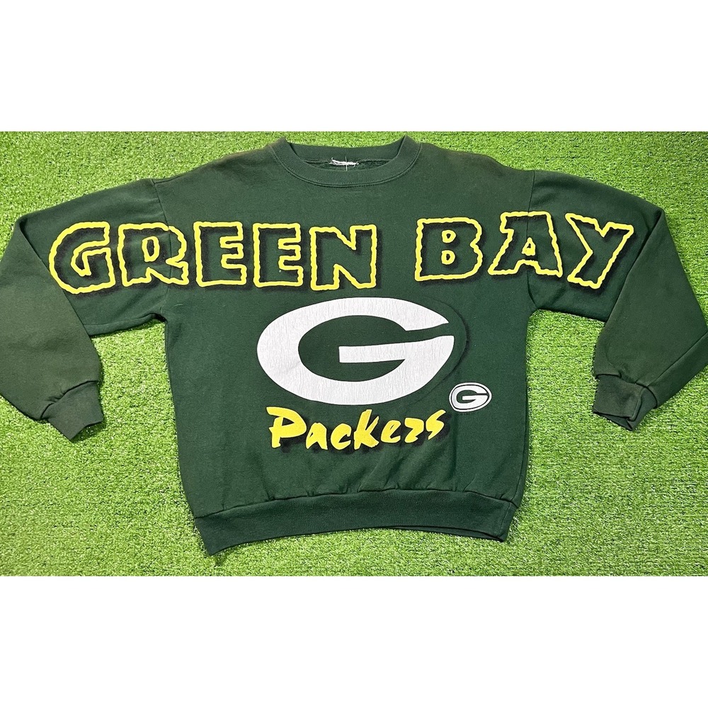 Vintage Green Bay Packers Sweatshirt MED. Spellout Big Logo Green Crewneck 90s‎